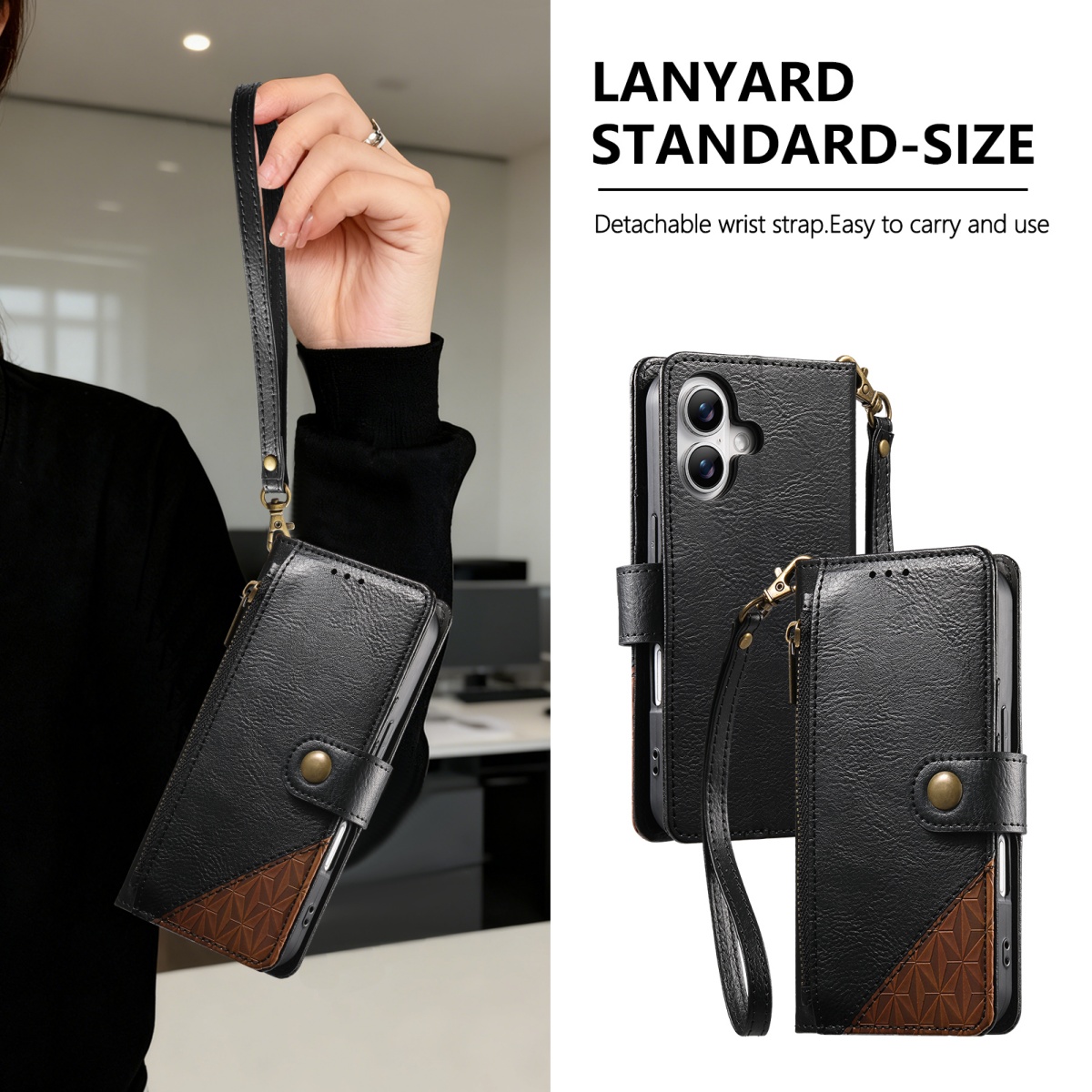 Leather Card Wallet - PUレザー製ジッパー付きリストストラップフリップウォレットカードスロット付きスマホケース Samsung Galaxy S25 Plus S24