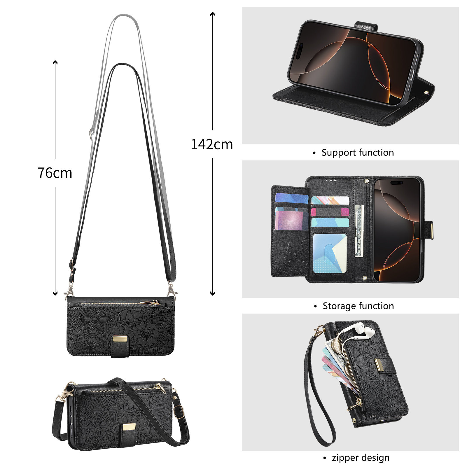 レザー製ジッパー付きクロスボディフリップウォレットカードスロ - Leather Card Wallet のレビューと価格